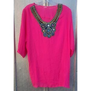 Vilia Hot Pink Lightweight Embellished 3/4 Sleeve Top Size M